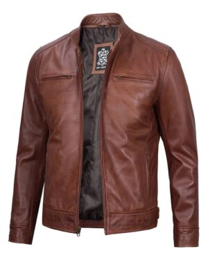 Dodge Men's Cognac Cafe Racer Leather Jacket