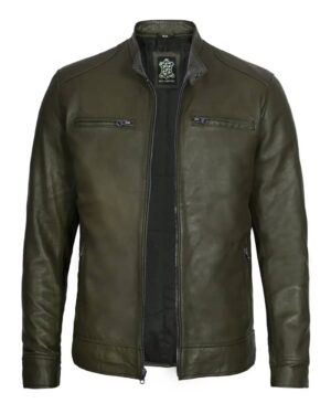 Dodge Men's Green Cafe Racer Leather Jacket