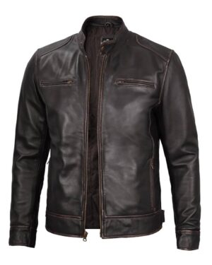 Dodge Men's Rub-off Dark Brown Cafe Racer Leather Jacket