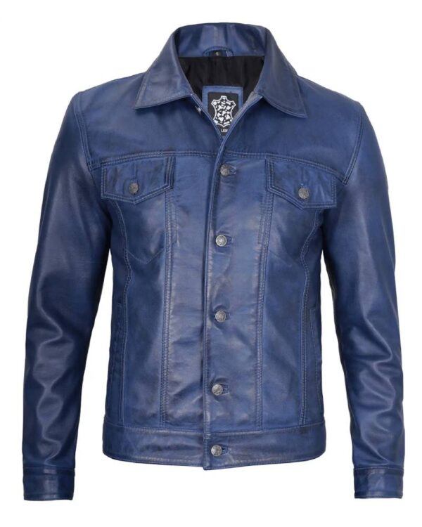 Fernando Blue Leather Trucker Jacket Men's