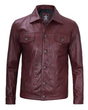 Fernando Men's Four Pockets Maroon Leather Trucker Jacket