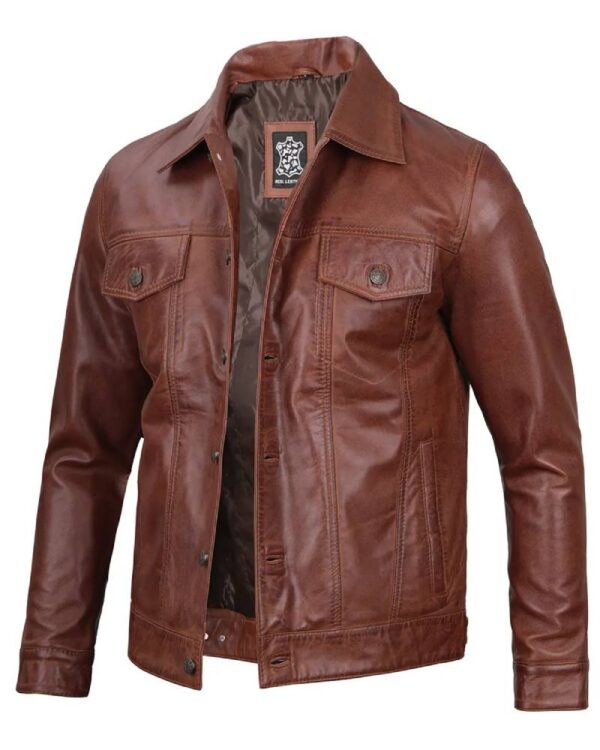 Fernando Men's Harrington Brown Leather Trucker Jacket