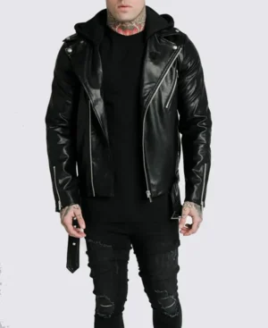 Leon Black Asymmetrical Hooded Biker Leather Jacket