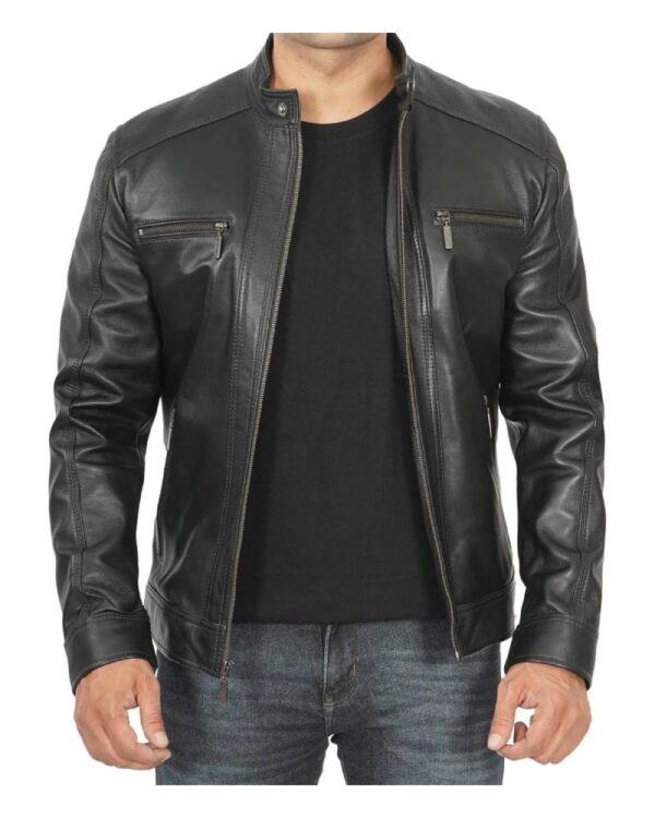 Men Black Leather Racer Jacket with Removable Hoodie