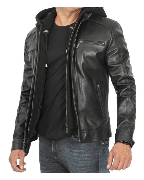 Men Black Leather Racer Jacket with Removable Hoodie