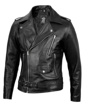 Men's Black Belted Moto Leather Jacket - Biker Style