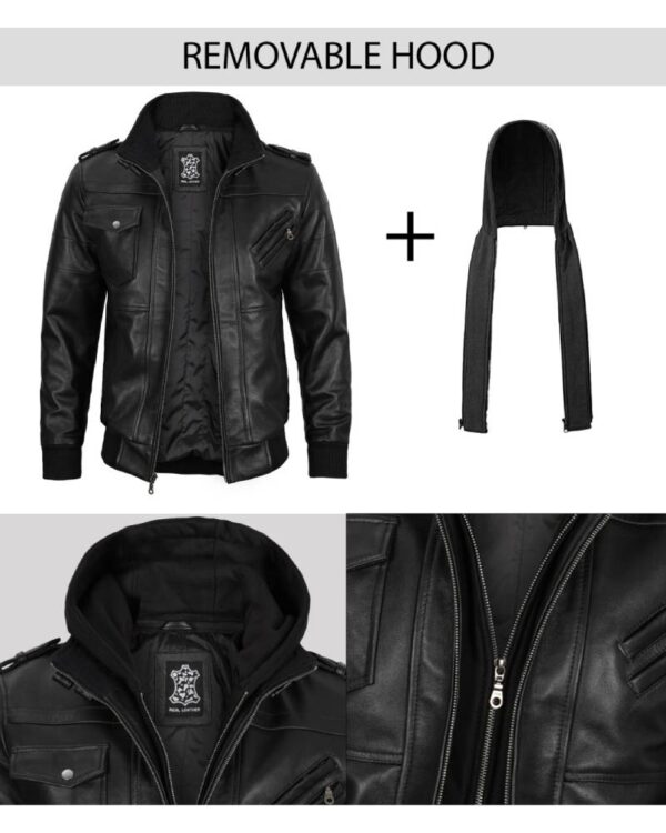 Men's Black Leather Jacket with Removable Hoodie