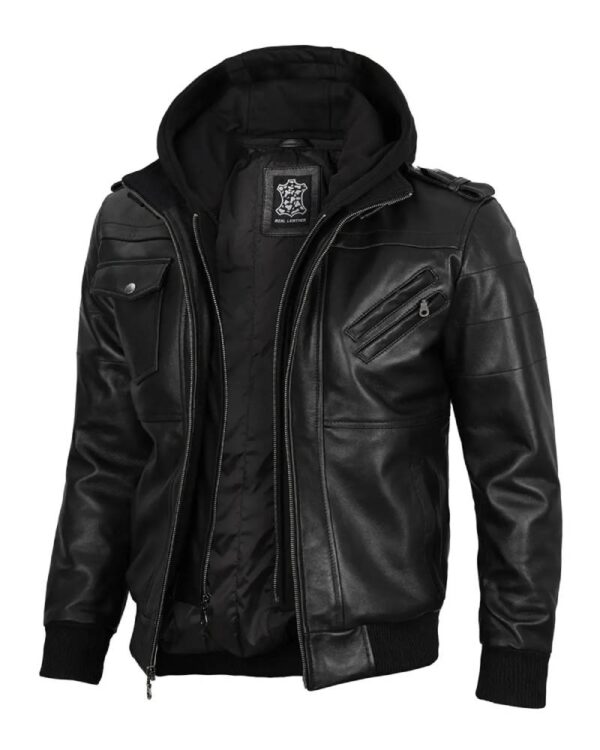 Men's Black Leather Jacket with Removable Hoodie