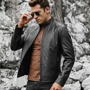 Men’s Real Black Leather Jacket with Short Standing Collar