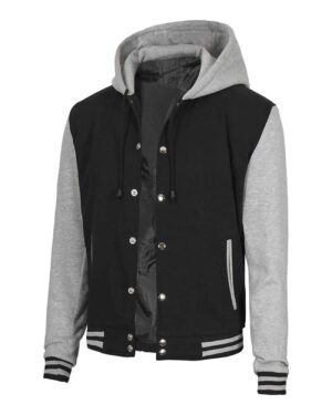 Men's Black and Grey Varsity Jacket with Hood - Letterman Style