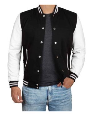 Men's Black and White Varsity Jacket - College Baseball Style