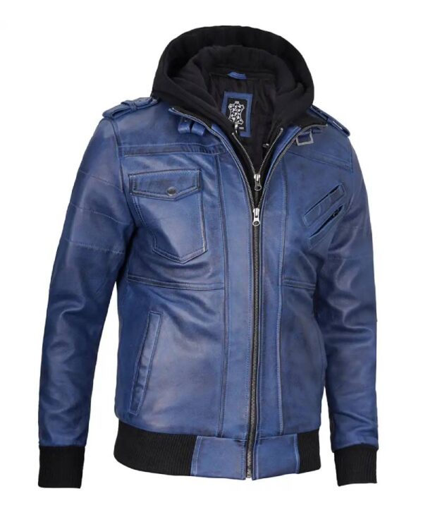 Men's Blue Waxed Leather Jacket with Removable Hood