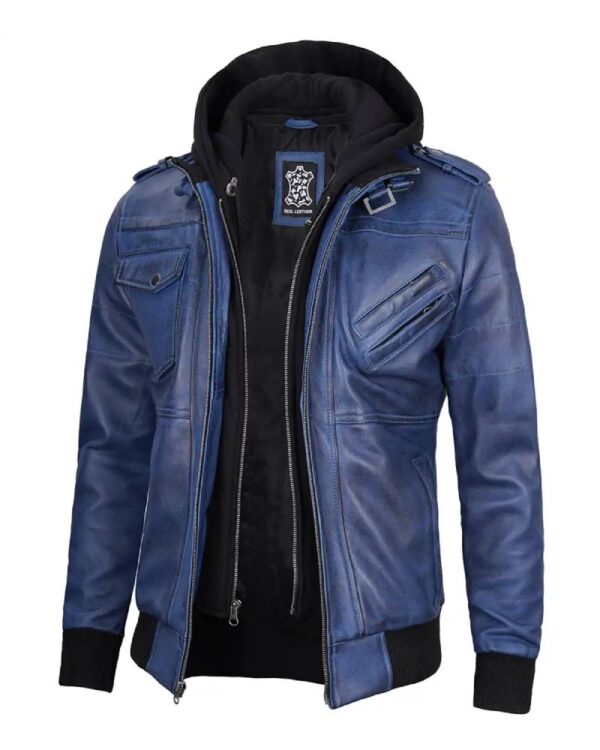 Men's Blue Waxed Leather Jacket with Removable Hood