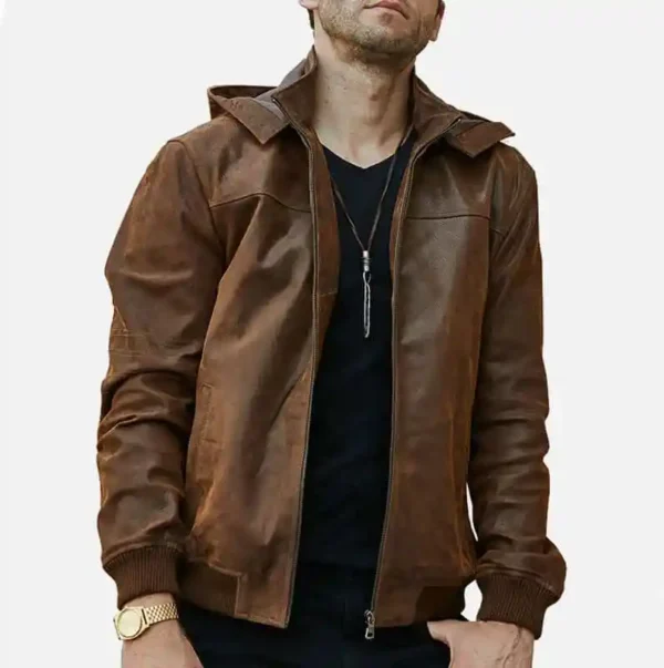 Men’s Motorcycle Bomber Leather Jacket With A Hood