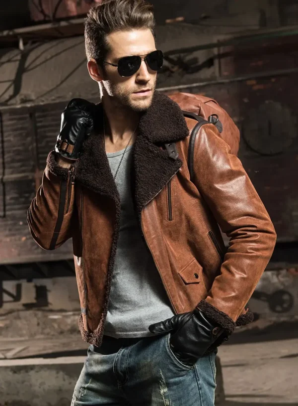 Men’s Brown Faux Shearling Sheepskin Leather Jacket