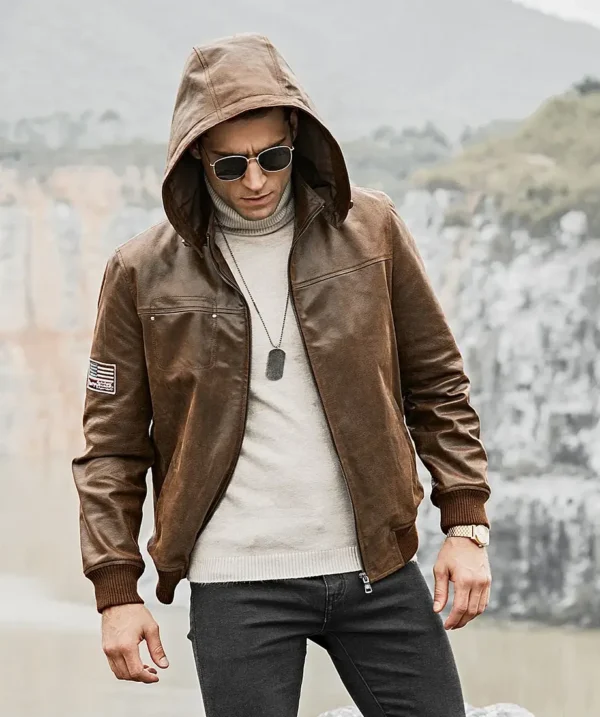 Men’s Brown Real Leather Jacket Removable Hooded