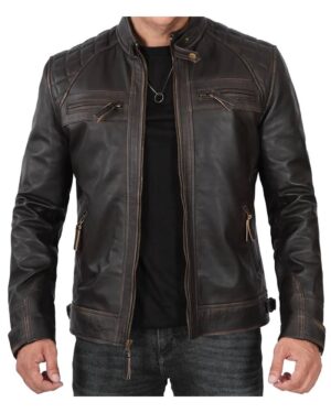 Men's Cafe Racer Distressed Brown Leather Jacket