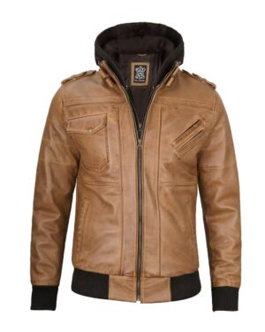 Men's Camel Brown Leather Jacket with Removable Hood