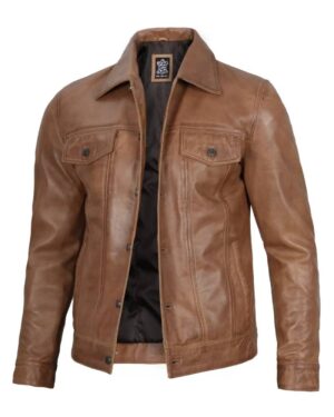 Men's Camel Brown Trucker Leather Jacket