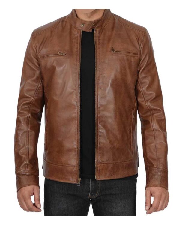 Men's Chocolate Brown Lambskin Cafe Racer Leather Jacket