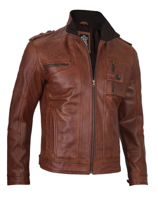 Men's Cognac Brown Leather Biker Jacket