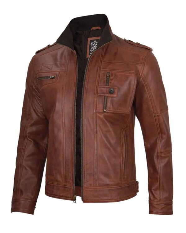 Men's Cognac Brown Leather Biker Jacket