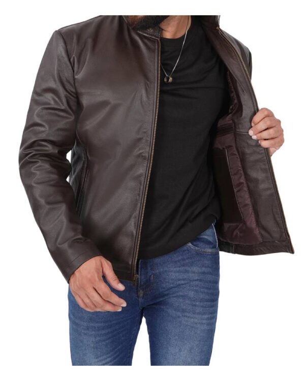 Men's Dark Brown Cowhide Leather Cafe Racer Jacket