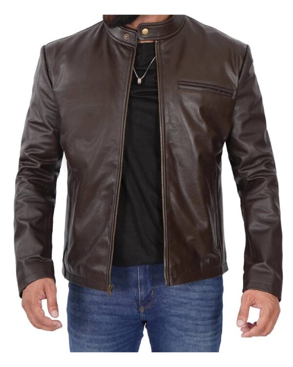 Men's Dark Brown Cowhide Leather Cafe Racer Jacket