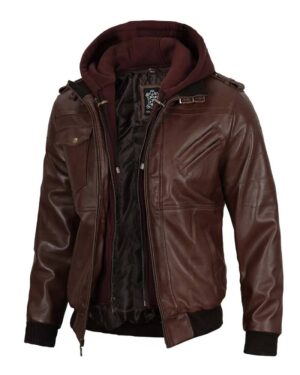 Men's Dark Brown Leather Bomber Jacket With Hood