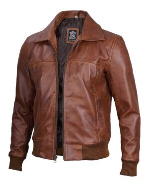 Men's Distressed Brown Harrington Leather Bomber Jacket