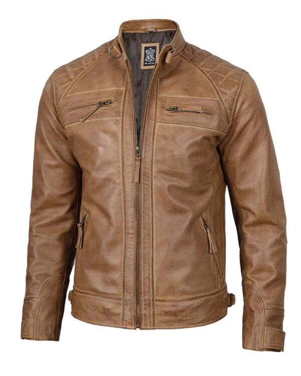 Men's Distressed Camel Brown Cafe Racer Leather Jacket