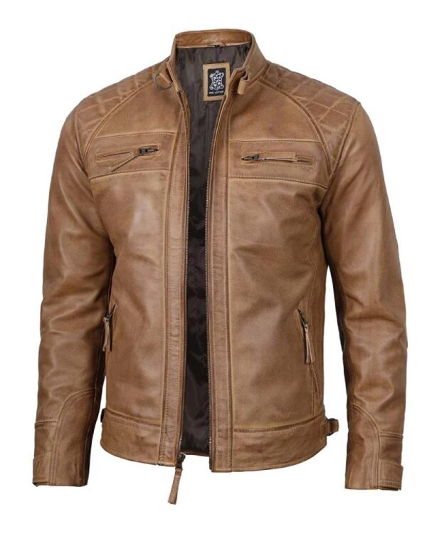 Men's Distressed Camel Brown Cafe Racer Leather Jacket