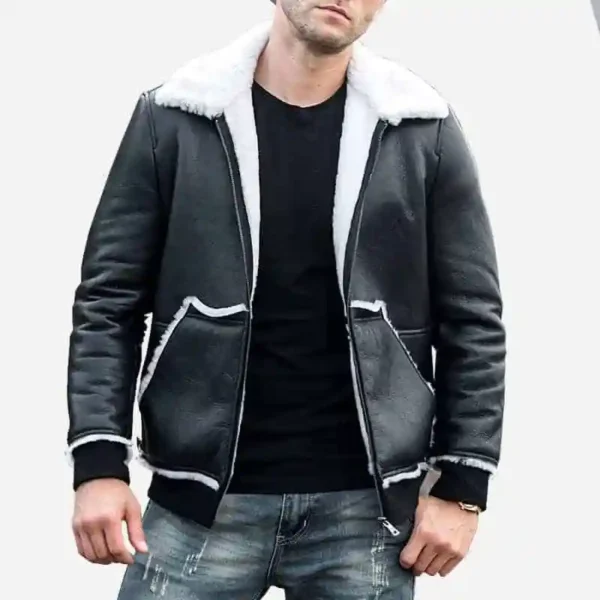 Mens Black Leather Shearling Bomber Jacket