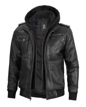 Men's Grey Leather Bomber Jacket with Removable Hood