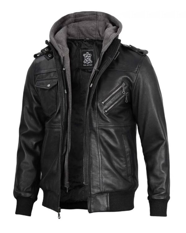 Men's Leather Jacket with Removable Hood