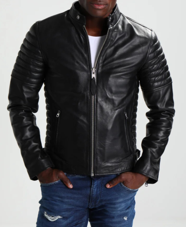 Mens Charcoal Black Leather Cafe Racer Jacket