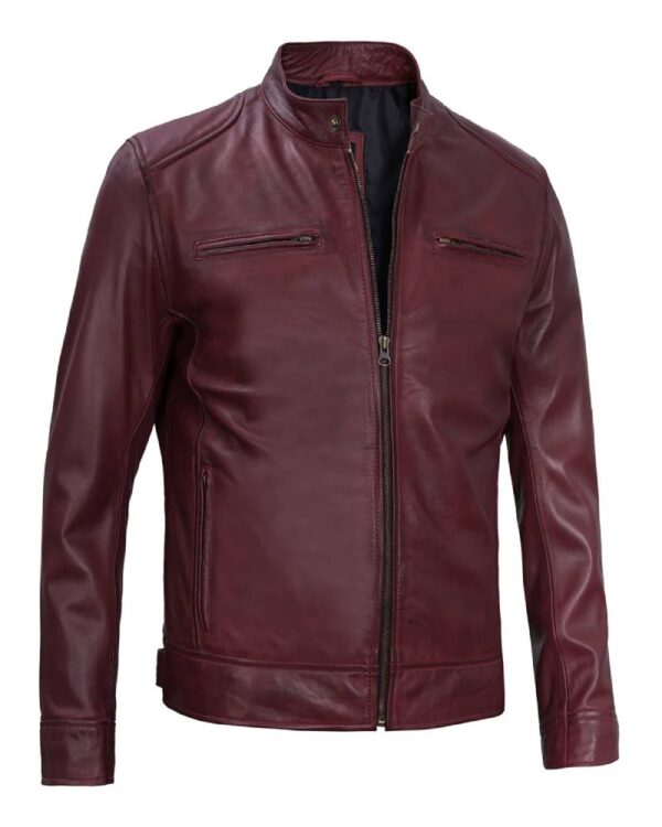 Men's Maroon Leather Cafe Racer Motorcycle Jacket