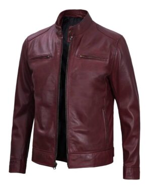 Men's Maroon Leather Cafe Racer Motorcycle Jacket