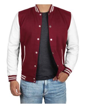 Men's Maroon and White Varsity Jacket - Letterman Style