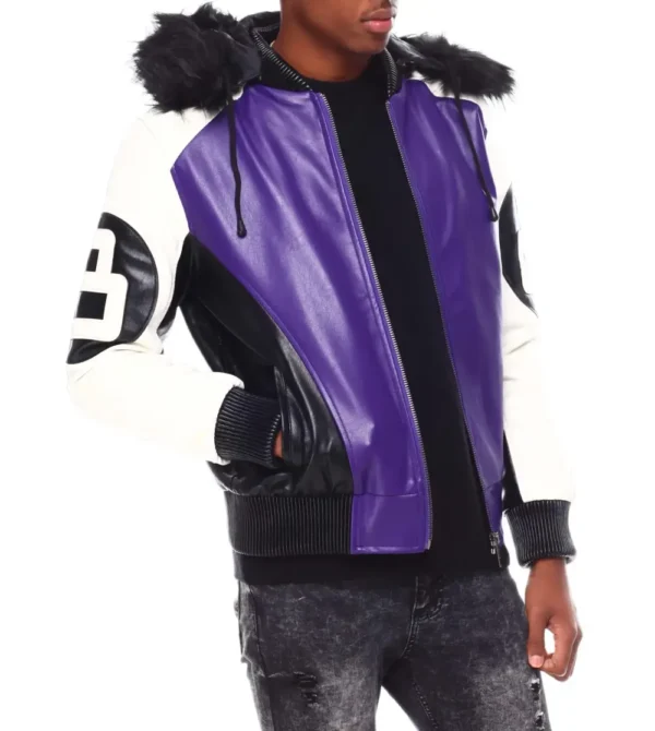 Mens Purple 8 Ball Hooded Bomber Jacket