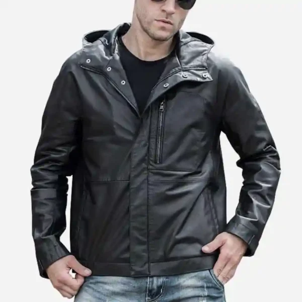 Men’s Black Cowhide Leather Jacket with Hood