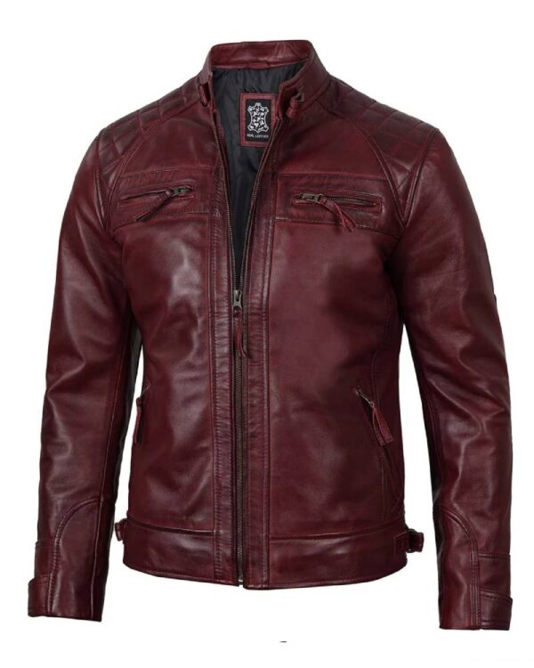 Men's Real Leather Maroon Quilted Biker Jacket