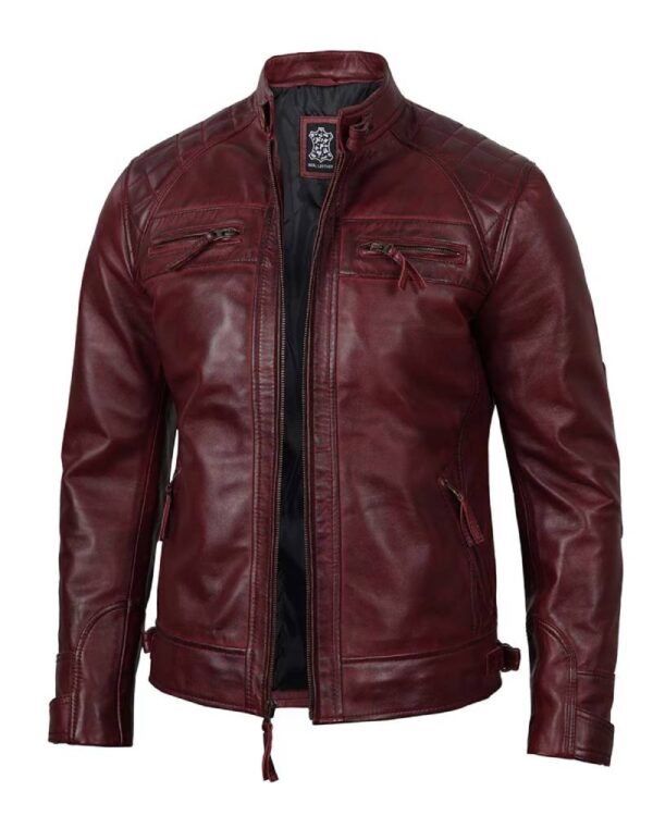 Men's Real Leather Maroon Quilted Biker Jacket