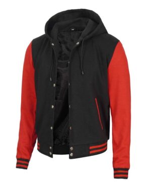 Men's Red and Black Varsity Jacket With Hood - Baseball Style