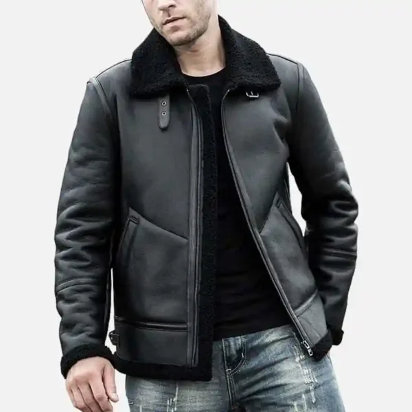 Men’s Shearling Leather Coat with Turn-Down Collar Jacket