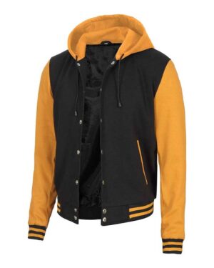 Men's Yellow and Black Varsity Letterman Jacket with Hood