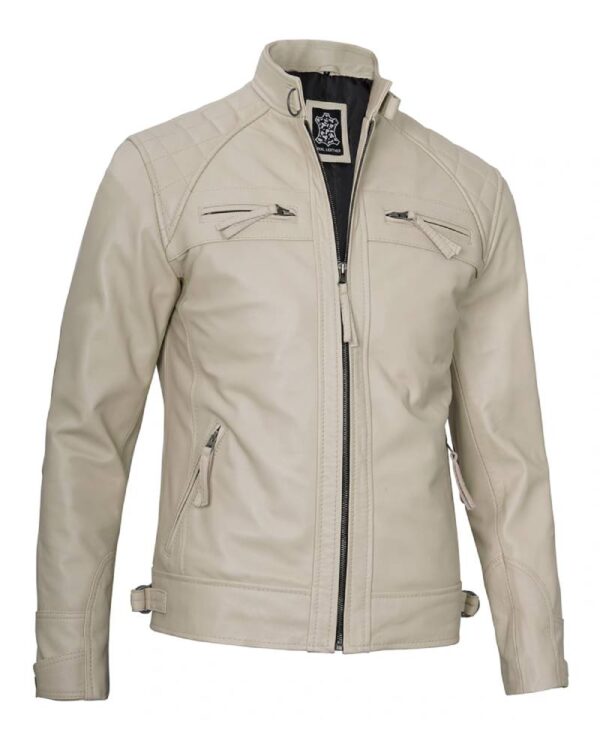 Real Leather Classic Men's Beige Cafe Racer Biker Jacket