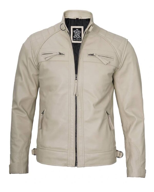 Real Leather Classic Men's Beige Cafe Racer Biker Jacket