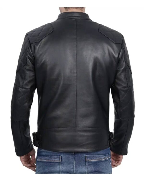 Stylish Men's Black Cafe Racer Leather Jacket with Multi-Pockets