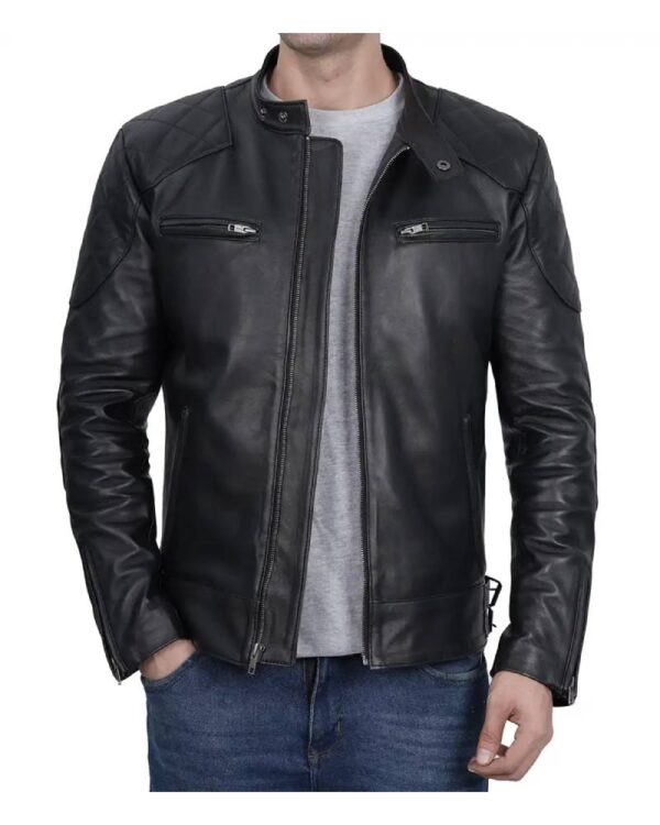 Stylish Men's Black Cafe Racer Leather Jacket with Multi-Pockets